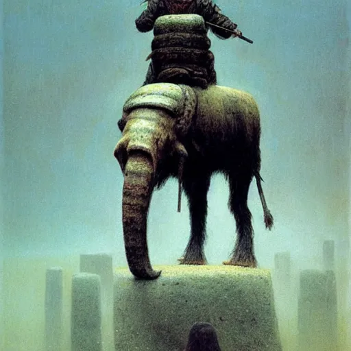 Image similar to ancient mammoth rider, wearing norse armor, beksinski