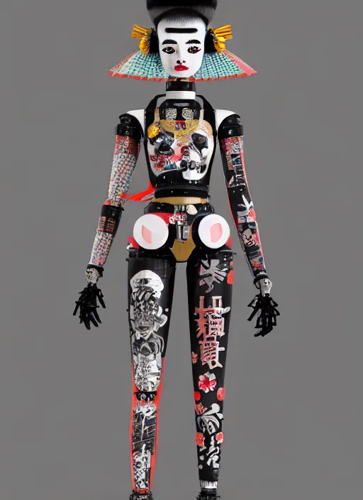 Image similar to full body photo of a punk geisha robot with kanji tattoos and decals wearing a digital pixelated kimono, intricate design, photo - realistic, octane render, ultra fine detailed, character design, trending on artstation