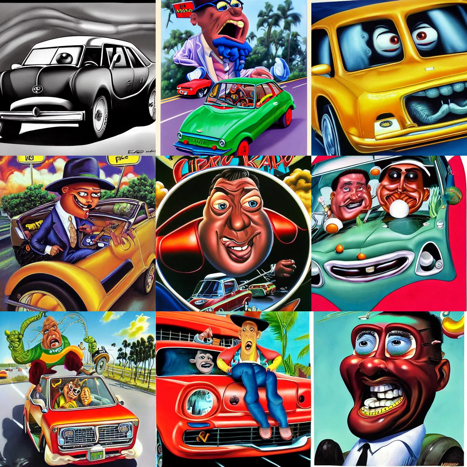 Prompt: beautiful lifelike painting of big daddy kane driving a yugo, hyperreal detailed facial features and uv lighting, art by ed roth and basil wolverton