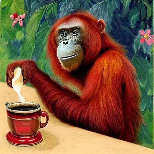 Image similar to a tired looking red - eyed orangutan making coffee in the morning by louis wain, digital art, detailed