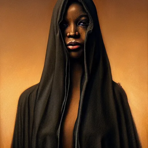 Image similar to a portrait of a young black woman wearing a long dark cloak, hood and shadows covering face, anatomically correct, beautiful perfect face, enigmatic, oil painting, matte painting, black background, Volumetric dynamic lighting, Highly Detailed, Cinematic Lighting, Unreal Engine, 8k, HD, by Beksinski