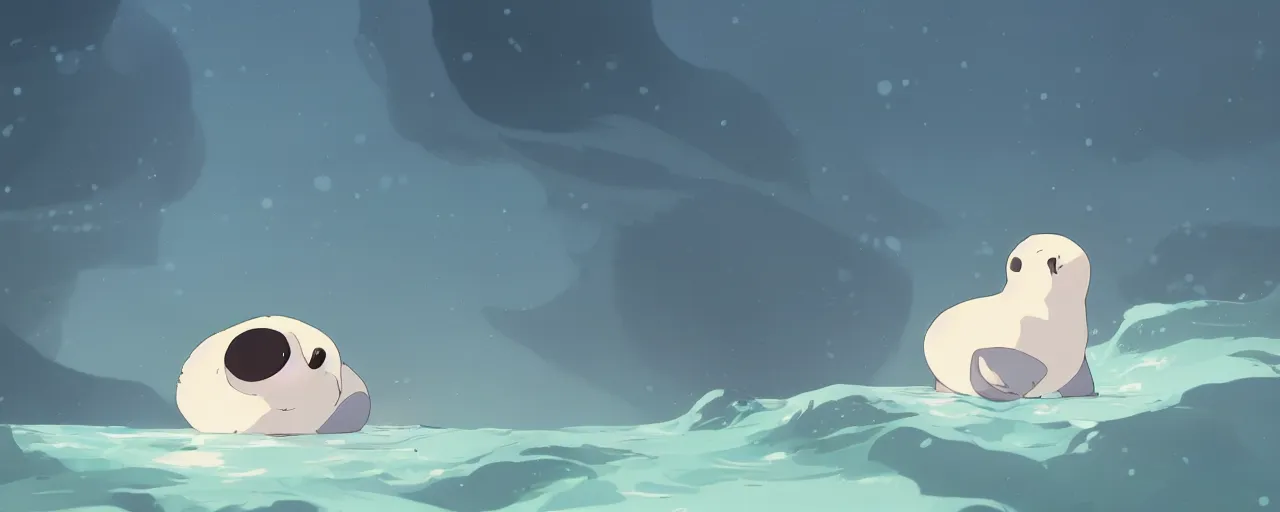 Image similar to a baby harp seal swimming in a tropical river, atey ghailan, goro fujita, studio ghibli, rim light, dark lighting, clear focus, very coherent