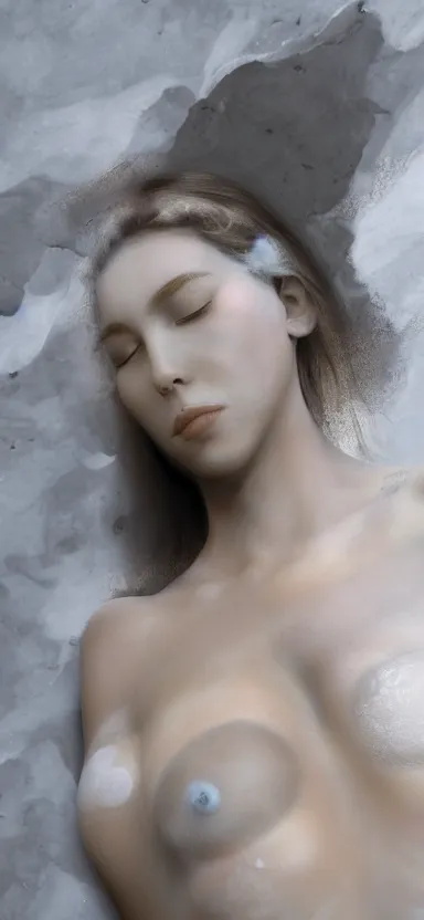 Prompt: 3 d female body silhouette sleeping in marble liquid acrylic fluid, cinestill, bokeh photography, photography by amy leibowitz and volfgandg schneider, bodypainting, painting by morava and goldalh, artstation, epic concept art, beautiful female face matte painting