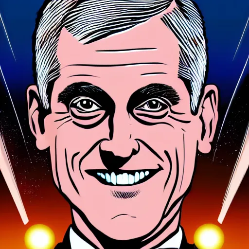 Image similar to digital illustration of secretary of denis mcdonough face, cover art of graphic novel, eyes replaced by glowing lights, glowing eyes, evil laugh, menacing, villain, clean lines, clean ink