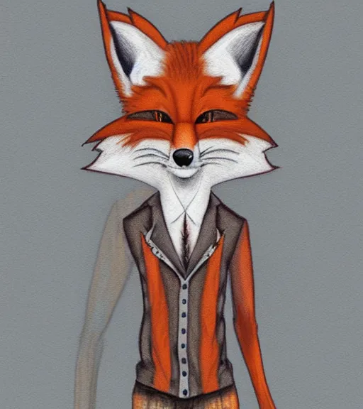 Image similar to expressive stylized master furry artist digital colored pencil painting full body portrait character study of the anthro male anthropomorphic fox fursona animal person wearing clothes by master furry artist blotch