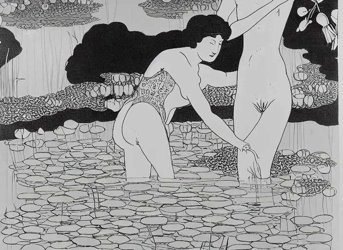 Image similar to A girl bathes in a lake where water lilies are floating, lithography by Aubrey Beardsley, High definition, detailed,