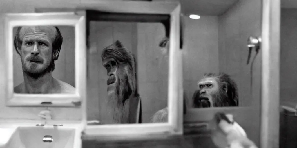 Image similar to ultra wide angle photo of young william hurt dressed as dr. eddie jessup, from altered states, looking at himself in a bathroom mirror and seeing his reflection as a hairy australopithecines like ape version of himself