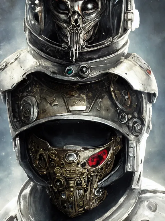 Image similar to portrait art of 8k ultra realistic undead retro futuristic astronaut vampire king , galaxy reflected in helmet , detailed intricate ornate armour,corrupted, cybernetic, full of colour, cinematic lighting, battered, trending on artstation, 4k, hyperrealistic, focused, extreme details,unreal engine 5, cinematic, masterpiece, art by ayami kojima, giger