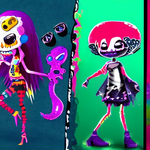 Prompt: lisa frank gothic emo punk vampiric rockstar vampire squid with translucent skin concept character designs of various shapes and sizes by genndy tartakovsky and the creators of fret nice at pieces interactive and splatoon by nintendo for the new hotel transylvania film starring a vampire squid kraken monster