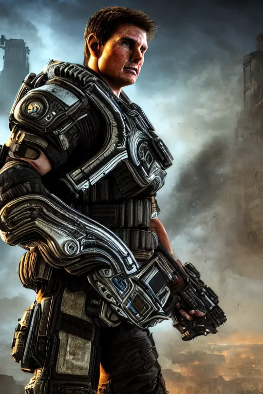 Image similar to Tom Cruise as a Gears of War character, photorealism, half body, HDR ambient background, unreal engine 5, hyperrealistic, highly detailed, XF IQ4, 150MP, 50mm, F1.4, ISO 200, 1/160s, cinematic lights, Adobe Lightroom, photolab, Affinity Photo, PhotoDirector 365, realistic
