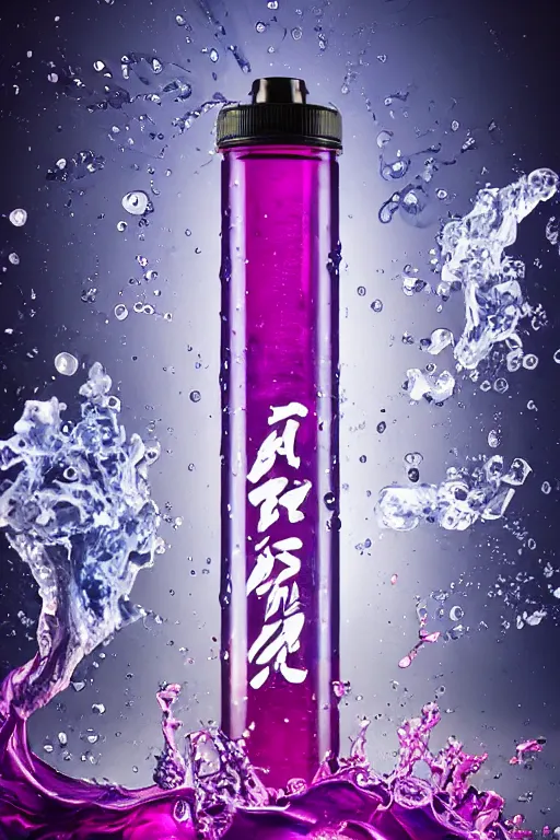 Image similar to art concept of a blue and magenta liquid dietary supplement in a transparent bottle designed like a racing tyre mixed with a an exotic woodboard, cold sober tones, style by huang guangjian