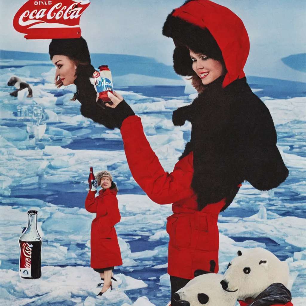 Image similar to a single woman wearing a parka drinking a bottle of coke in front of an icy polar landscape full of snowdrifts and ice, polar bear in the far background, coka-cola advertisement, retro ad, print advertising, 1960's