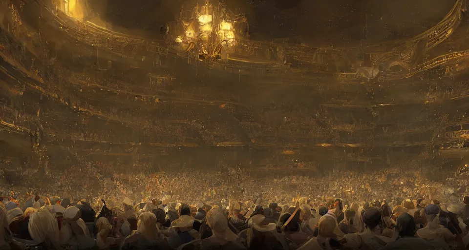 Image similar to craig mullins and ghibli digital art of inside the grand theater, audience, on the stage, masked female violinists, exotic costumes, gold jewelry, black hair, solo performance unreal engine, hyper realism, realistic shading, cinematic composition, realistic render, octane render, detailed textures, photorealistic, wide shot