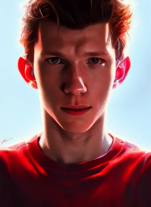 Image similar to portrait of tom holland with hazel eyes, hazel colored eyes, red shirt, intricate, elegant, glowing lights, highly detailed, digital painting, artstation, concept art, smooth, sharp focus, illustration, art by wlop, mars ravelo and greg rutkowski