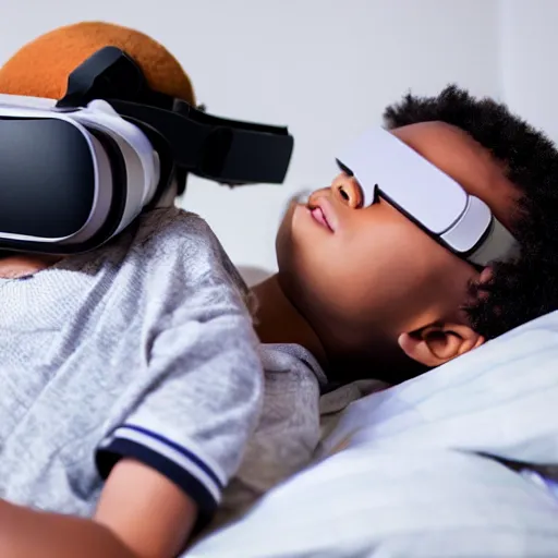 Prompt: a stock photo of a boy laying in bed with a bunch of stuff wearing a VR-headset, featured on flickr, cluttered