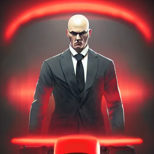 Image similar to a concept art portrait of agent 4 7 from hitman wearing headphones, dark background, red rim light, highly detailed, smooth, sharp focus, art by jason chan