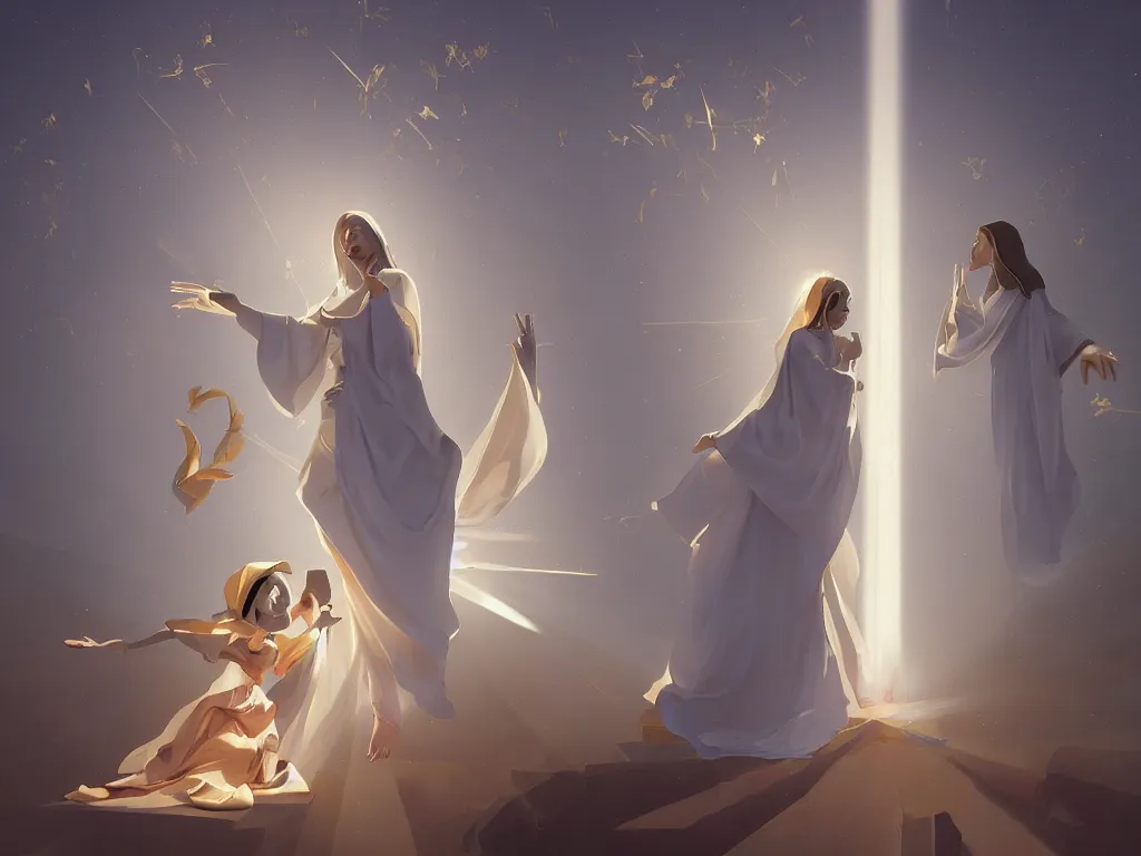 Image similar to the annunciation with mary on the left and archangel on the right, with a beam of light coming down from the top right towards mary on the left, by goro fujita, trending on artstation, 8k, highly detailed, digital graphic art