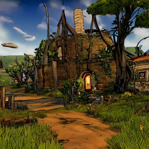 Prompt: the shire in the style of borderlands 3,