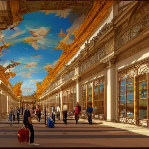 Prompt: a colorful airport terminal in the baroque architectural style from 1 7 0 0 s europe, with travellers walking around and the sky and airplanes visible through the windows, octane render, unreal engine, photorealistic, filled with natural light