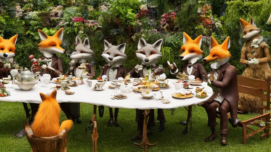 Image similar to film still from the movie chappie outdoor park plants garden scene bokeh depth of field several figures sitting down at a table having a delicious grand victorian tea party crumpets furry anthro anthropomorphic stylized fox foxes wearing suits and dresses