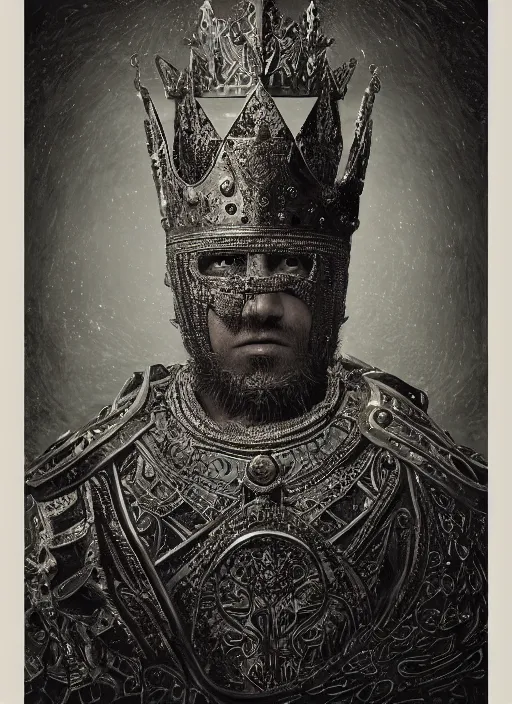 Image similar to portrait of king arthur knight with a crown with engravings, studio portrait against a black background, modern fine art, fractal, intricate, elegant, highly detailed, digital photography, subsurface scattering, in the style of ghost, by jheronimus bosch and yue minjun and giger and greg rutkowski,