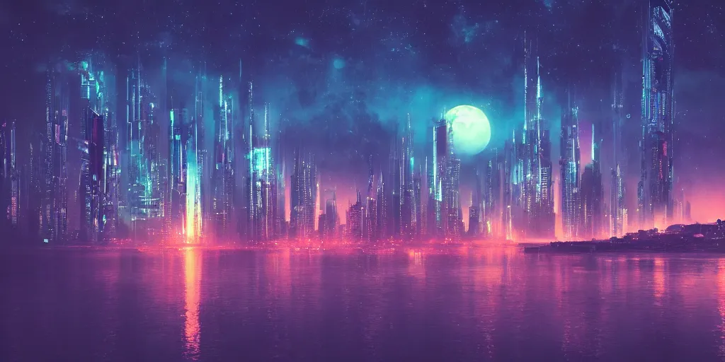 Prompt: futuristic city on the ocean, full moon, stars, photography, cinematic composition, cyberpunk, neon, deep dark colors, moonscape