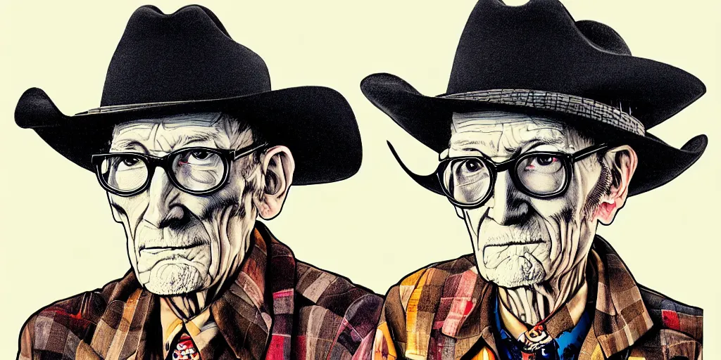 Prompt: full view of william s burroughs, wearing a cowboy hat, style of yoshii chie and hikari shimoda and martine johanna and will eisner, highly detailed