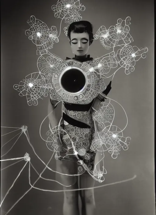 Prompt: Portrait of a fractal cosmonaut girl wearing kimono made of circuits and leds, surreal photography by Man Ray