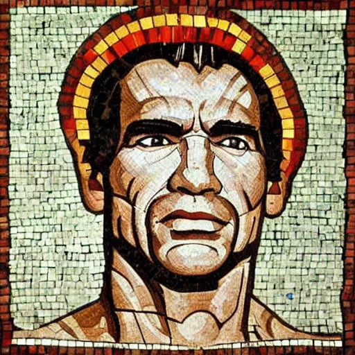 Image similar to ancient greek mosaic of arnold schwarzenegger in zelda movie