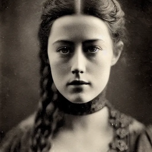 Image similar to victorian photograph of amber heard, 1 8 9 0 s photography, 1 9 0 0, realistic face, symmetrical face, studio photograph, grainy, edwardian, old photo