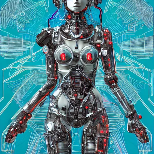 Image similar to a beautiful fighting body of a bot fighter pilot woman mostly made of wires and electronic circuits led luminous, an ultrafine detailed illustration by james jean, final fantasy, intricate linework, bright colors, behance contest winner, vanitas, angular, altermodern, unreal engine 5 highly rendered, global illumination, radiant light, detailed and intricate environment