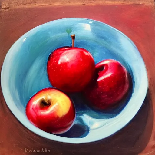 Prompt: of a blue apple in bowl of red apples