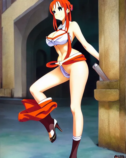 Image similar to pinup photo of asuna from sao in the center of the city, asuna by a - 1 pictures, by stephen bliss, gil elvgren, enoch bolles, glossy skin, pearlescent, anime, very coherent, maxim magazine