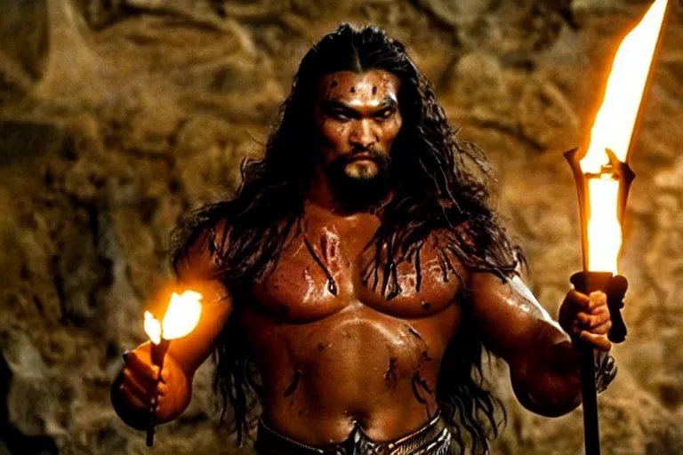 Image similar to film still from conan the barbarian, jason momoa as conan holding a torch in the catacombs of evil, fantasy armor, volumetric lighting, mist, wet skin and windblown hair, muscular!!!, masculine pose, ridley scott