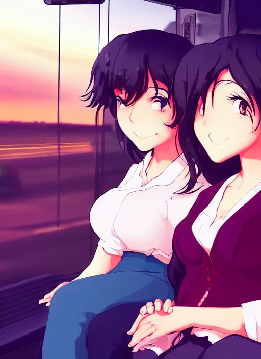 Image similar to two beautiful mothers waiting at a bus stop, gorgeous faces, smooth, thick lines, cinematic lighting, detailed anime art