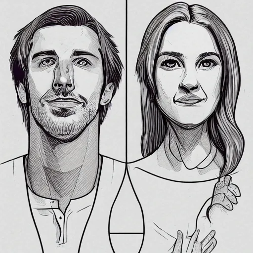 Image similar to perfectly centered symmetrical split male and female portrait of man and woman in love sharing one heart. illustration, highly detailed, simple, no jagged lines, smooth, artstation, artwork by chip zdarsky