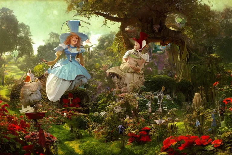 Image similar to alice in wonderland in the garden, john tenniel, normal rockwell, craig mullins, david curtis, carl spitzweg, morgan weistling, chris foss