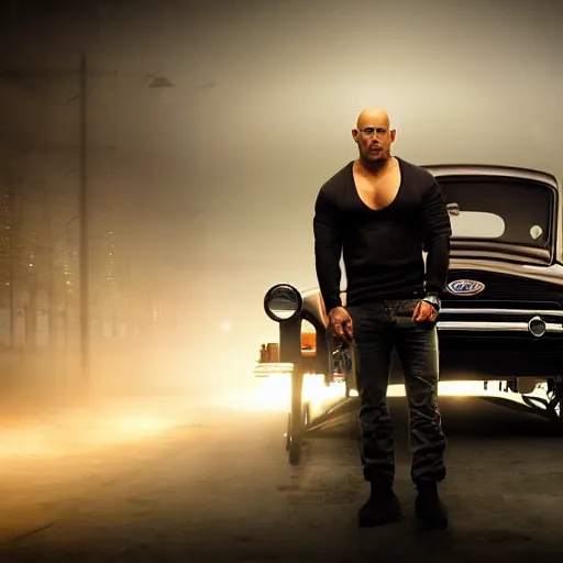 Image similar to very closeup photo of vin diesel standing near ford model t, fog, volumetric lighting, bokeh, ultra realistic, highly detailed, city, cinematic, art by jan urschel and neil blevins