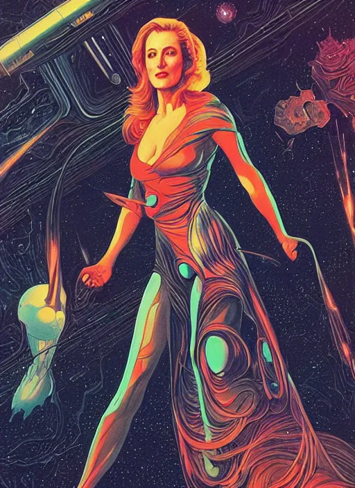 Image similar to gillian anderson as a space wizard, science fiction, high details, intricate details, by vincent di fate, artgerm julie bell beeple, 1 9 8 0 s, inking, vintage 8 0 s print, screen print