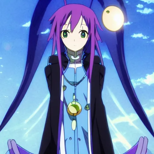 Image similar to rimuru tempest from that time i got reincarnated as a slime wearing a black trench coat, standing heroically beneath the sun, low - angle shot, art nouveau