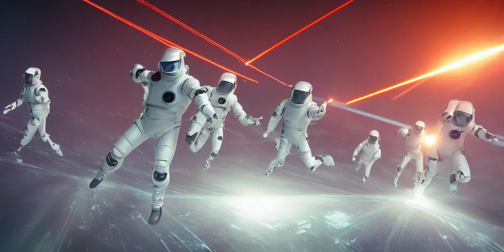 Prompt: futuristic spacemen firing lasers in zero gravity, skintight suits, floating, bright white light, floating white obstacles, surrounded by a laser grid, unreal engine, lensflares, low perspective