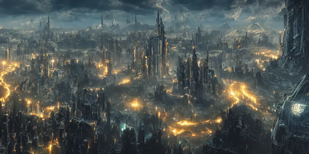 Image similar to middle-earth city , future view , cyberpunk light , the lord of the rings style,8k,hight detail