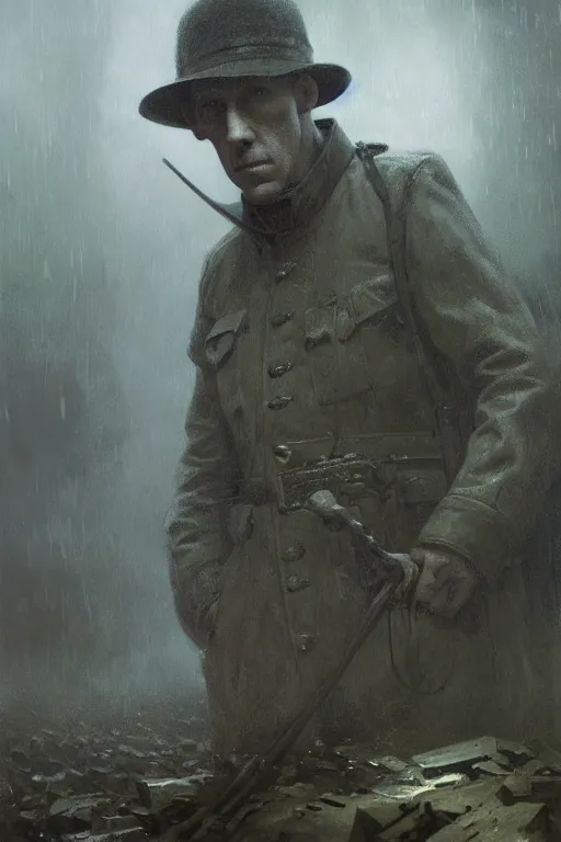 Prompt: , h p lovecraft at the trenches of somme hyperrealistic portrait, rainy weather, bladerunner street, art of elysium by jeremy mann and alphonse mucha and greg rutkowski, fantasy art, photo realistic, dynamic lighting, artstation, poster, volumetric lighting, very detailed face, 4 k, award winning