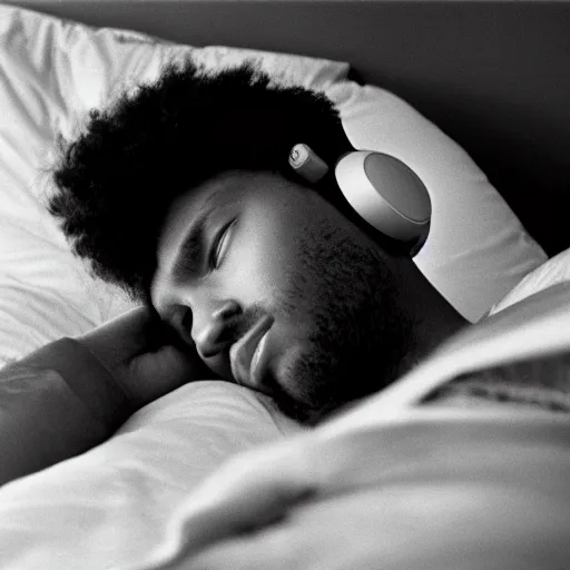 Image similar to a young man is lying on his bed and looking at his iphone with headphones on his head, 1 9 8 0 s, shot on minolta maxxum 7 0 0 0