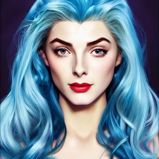 Image similar to A combination of Grace Kelly's and Katherine McNamara's and Ashley Greene's faces with blue hair as She-Ra, western, D&D, fantasy, intricate, elegant, highly detailed, digital painting, artstation, concept art, matte, sharp focus, illustration, art by Artgerm and Greg Rutkowski and Alphonse Mucha