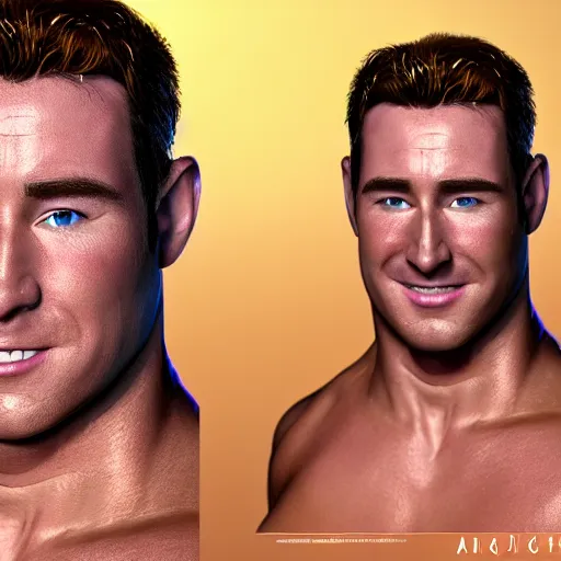 Prompt: concept art of billy herrington from Gachimuchi full round face, short smile, golden hour, medium shot, mid-shot, highly detailed, trending on Artstation, Unreal Engine 4k