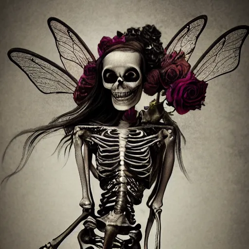 Image similar to the skeleton of a fairy ribbon dancing on a black rose, the ribbon is made up of the fabric of the universe, ultra realistic, concept art, intricate details, highly detailed, photorealistic, octane render, 8 k, style of jean baptiste monge