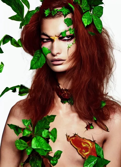 Image similar to A beautiful portrait of Ophelie Guillermand as Poison Ivy from Batman as a Versace fashion model Spring/Summer 2012, highly detailed, in the style of cinematic, Getty images, Milan fashion week backstage, Makeup by Pat McGrath, Greg rutkowski