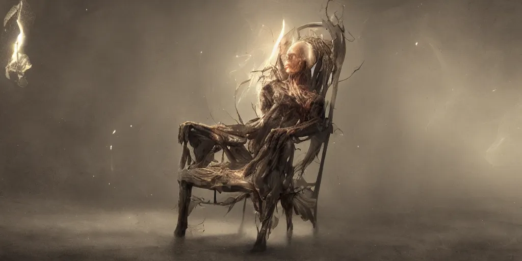 Image similar to a withered body in a chair, magic wafting out of him, high quality fantasy art, 4k