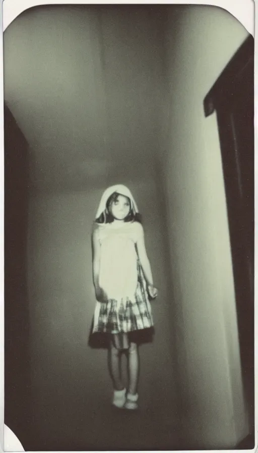 Prompt: found polaroid photo of a young girl floating in a dark hallway, possessed